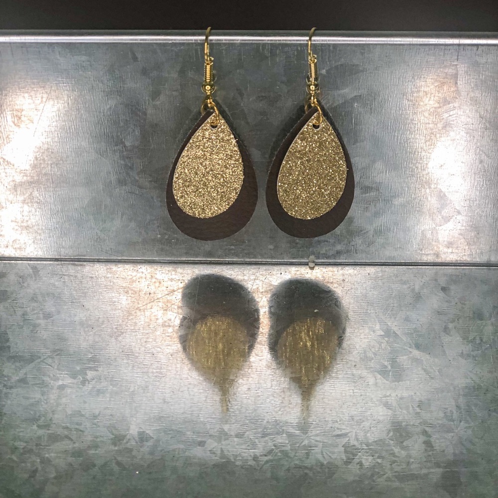 1.5” Tear Drop Glitter and Faux Leather Earrings